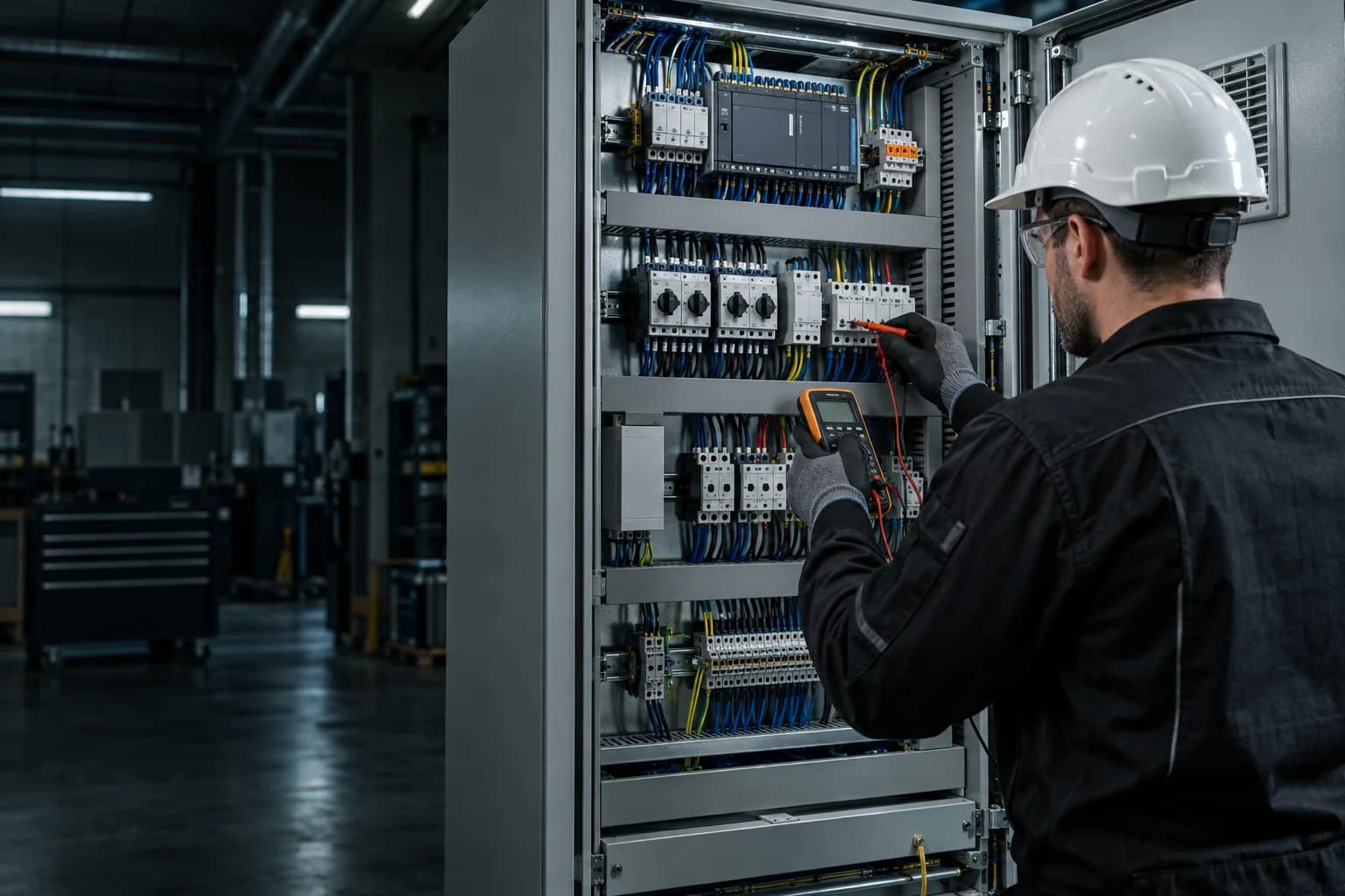 Electrician inspecting an industrial control cabinet
